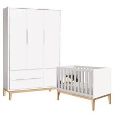 Berço Americano e Guarda Roupa Classic 3 Portas Branco com Pés Madeira