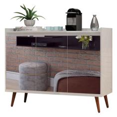 Buffet Aparador Retrô Com Espelho Delux 3 Portas Branco Gloss