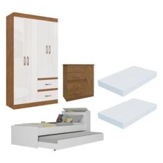 Guarda-Roupas Solteiro com Cômoda e Bicama com colchão Multimóveis CR3