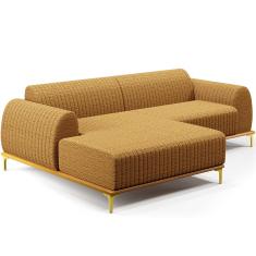 Sofá 5 Lugares com Chaise Esquerdo Para Sala de Estar Molino 320cm D02 Base Castanho Pés D'ouro Prime Bouclê Mostarda PB-03 - Lyam Decor