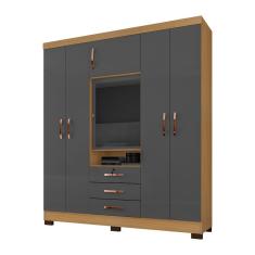 Guarda Roupa Casal Porto 6 Portas com Espelho MDP Carvalho-grafite Pallazio