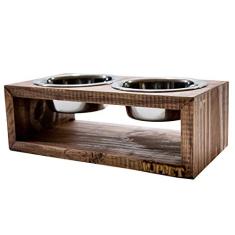 Comedouro Duplo De Madeira Com Potes Inox Para Gatos E Cachorros Marrom