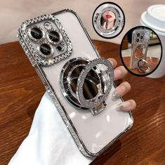 ZXDK Capa espelhada de maquiagem com glitter de diamante para iPhone 15 14 13 Pro Max, suporte magnético compatível com Magsafe, capa transparente Rhinesetone Bing Cases (prata, para iPhone 12 Pro)