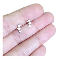 Brinco Infantil 2 Furo Prata Dourado Estrela Triplo F. Ouro - De Castr