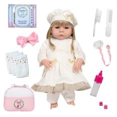 Boneca Reborn Bebê Loira de Silicone Completa + 20 Itens - Cegonha Reb