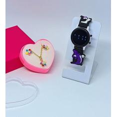 Kit Relógo infantil Digital Led menina Pulseira silicone Desenho anima