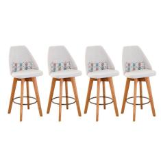 Kit 04 Banquetas Alta Maya Giratória Com Encosto Linho Bege Claro e Almofada Mosaico - Aurora Line