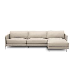 Sofá Decorativo Karine 5 Lugares Sala De Estar 330cm Com Chaise Pés Em Aço Couro Bege