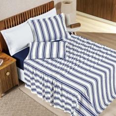 Jogo Cama Lençol Daily King Malha Algodão Listrado 4 Peças - Azul Mari