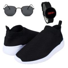 Tênis Masculino Super Leve Confortável Preto + Relógio Digital Silicon