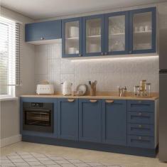 Cozinha Modulada 6 Peças com Tampo, Portas de Vidro e Balcão de Embuti