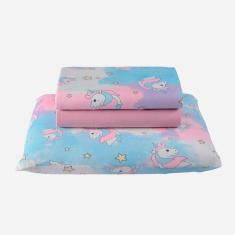 Jogo De Cama Lençol Fantasy Unicórnio Solteiro 03 Peças 100% Algodão Infantil Infantil - Rosa