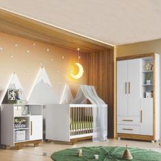 Quarto de Bebê Completo Flocos 100% Mdf 4 Portas 2 Gavetas Branco/Ypê 4103 - Tigus Baby