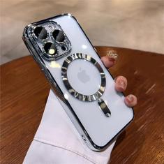 Capa protetora de lente completa de TPU macia revestida para iPhone 15 14 13 12 11 Pro Max Plus Capa transparente de carregamento magnético sem fio, prateada, para iphone 15 pro