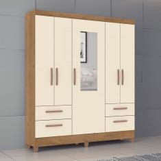 Guarda-Roupa Solteiro Vitoria 5 Portas 4 Gavetas com Espelho Canelato Rústico/Natural Off White - Atualle Móveis