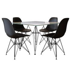 Mesa de Jantar Eames Eiffel Quadrada Vidro 90cm com 4 Cadeiras Pretas 