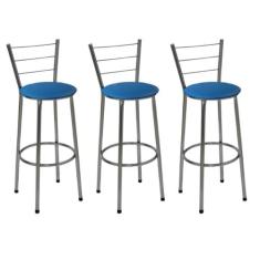 Kit 3 Banquetas Altas Cromada com Encosto Assento Azul - Jaddi