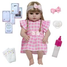 Boneca Reborn Bebê Linda Com Acessórios Vestido Xadrez Rosa - Cegonha 