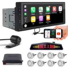 Kit Multimídia 1 Din + Câmera Ré + Sensor 8 Pontos Prata Peugeot Hogga