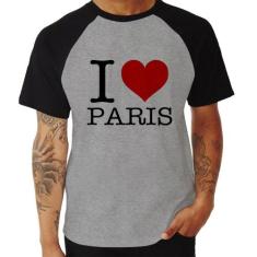 Camiseta Raglan I love Paris - Foca na Moda, Cinza, Preto, M
