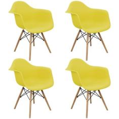 Kit 4 Cadeiras Charles Eames Eiffel Design Wood Com Braços - Amarela -