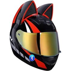 Capacete Bluetooth modular para motocicleta com orelhas de gato para homens e mulheres, capacetes de orelhas de gato fofos com sistema de ventilação com viseira HD aprovado pelo DOT/ECE (54-