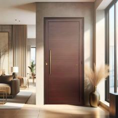 Porta de Aluminio Lambril 210x80cm com Puxador Super Marrom Corten Dourado