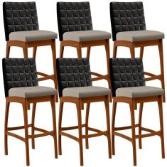Kit 06 Banquetas Altas Mila Preto Linho Bege