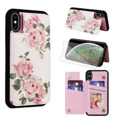 Asuwish Capa de celular para iPhone Xs Max carteira com protetor de tela de vidro temperado porta-cartão de flor suporte para cartão i X XR Xsmax 10x SX Xmax 10xs 10s 10 Plus Xmaxs mulheres meninas