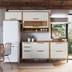 Cozinha Compacta 200cm com 4 Peças 4 Prateleiras e Vidro Reflecta 100% Mdf Vicenza Espresso Móveis Amêndoa/Off White