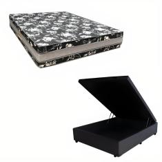 Cama Base Box Baú Casal Super Black Sintético Preto + Colchão Casal Super Black D33  28x138x188