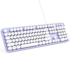 MOWUX Teclado de computador com fio, teclado de máquina de escrever USB retrô redondo Plug and Play, teclado com fio de tamanho completo com suportes dobráveis para laptop e PC de escritório - roxo