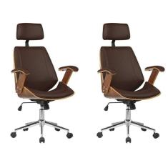 Kit 2 Cadeiras de Escritório Presidente Giratória com Apoia Cabeça Office Lisboa Marrom