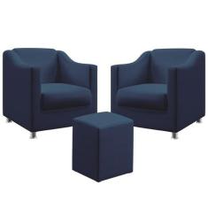 Kit 2 Poltronas Decorativa Estofada Alya E Puff Izar Sued Azul Marinho