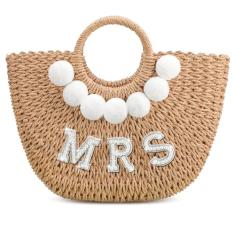 Pinkunn Bride Bolsa de praia tecida à mão com letras de pérolas e strass, bolsa com alça para despedida de solteira, lua de mel essencial, Cores simples