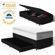 Cama Box Baú com Colchão de Molas Ensacadas Pillow Top Flora + Auxiliar Unique Solteiro 88cm