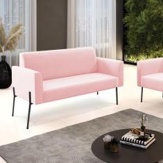 Sofá Namoradeira 2 Lugares Pé de Ferro Preto Marisa Suede Rosa Bebê - 