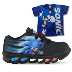 tenis de led infantil masculino sonic preto com luzinha meninos mais camisa-Masculino