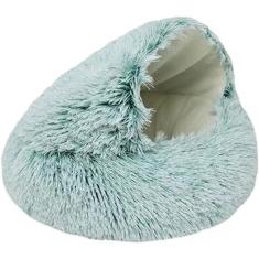 Gatos calmantes para gatos internos Cama redonda com capuz de pelúcia para cães pequenos Aquecimento coberto fofo donut Cama de gato Caverna Cama para animais de estimação pequenos e médios Snooze Sle