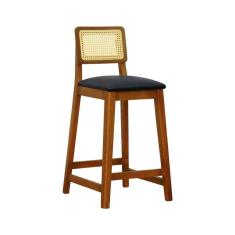 Banqueta Gabi Madeira Maciça Encosto Telinha C- 68cm Altura - Amêndoa Assento Estofado Corano Preto