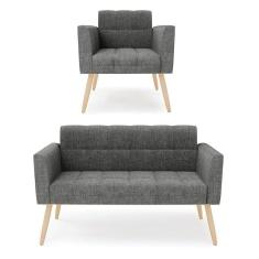 Kit 1 Sofá Namoradeira e 1 Poltrona Elisa Linho Pés Palito Natural - D`Rossi