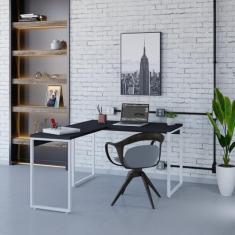 Mesa de Escritório em L Estilo Industrial 120x150cm Kuadra Preto Ônix/Est.Branca