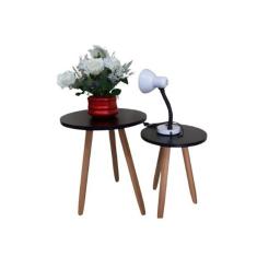 Conjunto 2 Mesas De Canto Laterais Sofá Sala Mdf Pés Madeira - Preta