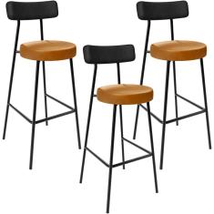 Kit 03 Banquetas Alta Bar Cozinha Sala De Jantar Milão L02 Couríssimo Preto Whisky - Lyam Decor