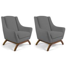 Kit 02 Poltronas Decorativa Fixa Base de Madeira Juliet D02 Linho Cinz