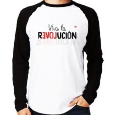 Camiseta Raglan Viva la Revolución Manga Longa - Foca na Moda, Branco,