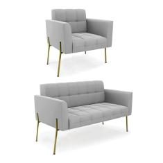 Sofá Namoradeira E Poltrona Pé De Ferro Dourado Elisa Suede D03 - D'rossi Cor Cinza