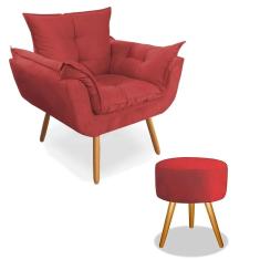 Kit Poltrona Decorativa Opala Deluxe com Puff Redondo Suede Vermelho