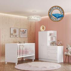 Quarto de Bebê Doce Sonho com Roupeiro + Berço Branco Qmovi + Colchão Physical