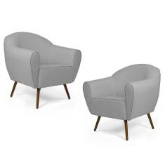 Kit 02 Poltronas Nina Pés Palito Madeira C-315 Linho Cinza Claro - Domi